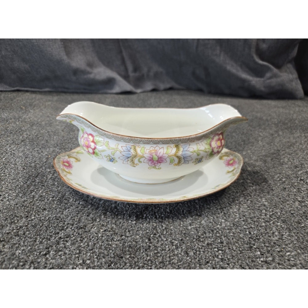 Vintage Noritake Flamingo Gravy Boat w Attached Underplate Japan Floral Gold Tri